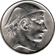 Belgium 20 Francs 1951 KM# 141.2 Decimal Coinage 19 51 RAU coin obverse Belgium 20 Francs 1951 KM# 141.2 Decimal Coinage 19 51 RAU coin obverse