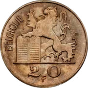 Belgium 20 Francs 1955 KM# 140.1 Decimal Coinage BELGIQUE R LEX 2 0 F coin reverse Belgium 20 Francs 1955 KM# 140.1 Decimal Coinage BELGIQUE R LEX 2 0 F coin reverse