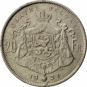 Belgium 20 Francs Albert I 1931 KM# 101.1 QUATRE BELGAS 20 FR. G. D. 19 31 coin reverse Belgium 20 Francs Albert I 1931 KM# 101.1 QUATRE BELGAS 20 FR. G. D. 19 31 coin reverse