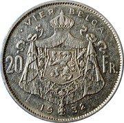 Belgium 20 Francs Albert I 1932 KM# 102 VIER BELGA 20 FR. G. D. 19 32 coin reverse Belgium 20 Francs Albert I 1932 KM# 102 VIER BELGA 20 FR. G. D. 19 32 coin reverse