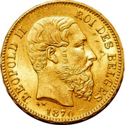 Belgium 20 Francs (Leopold II) KM# 37 LEOPOLD II ROI DES BELGES L W 1870 coin obverse Belgium 20 Francs (Leopold II) KM# 37 LEOPOLD II ROI DES BELGES L W 1870 coin obverse