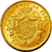 Belgium 20 Francs (Leopold II) KM# 37 L' UNION FAIT LA FORCE 20 FR coin reverse Belgium 20 Francs (Leopold II) KM# 37 L' UNION FAIT LA FORCE 20 FR coin reverse
