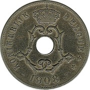 Belgium 25 Centimes 1908 KM# 63 Decimal Coinage KONINKRIJK BELGIË 1908 coin obverse Belgium 25 Centimes 1908 KM# 63 Decimal Coinage KONINKRIJK BELGIË 1908 coin obverse