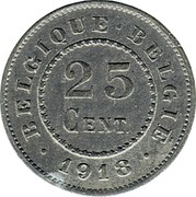 Belgium 25 Centimes 1918 KM# 82 Decimal Coinage BELGIQUE BELGIE 25 CENT. 1917 coin reverse Belgium 25 Centimes 1918 KM# 82 Decimal Coinage BELGIQUE BELGIE 25 CENT. 1917 coin reverse