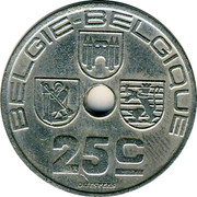 Belgium 25 Centimes 1938 KM# 115.2 Decimal Coinage BELGIE BELGIQUE 25C O.JESPERS coin obverse Belgium 25 Centimes 1938 KM# 115.2 Decimal Coinage BELGIE BELGIQUE 25C O.JESPERS coin obverse