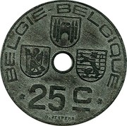 Belgium 25 Centimes 1944 KM# 132 Decimal Coinage BELGIQUE BELGIE 25C O.JESPERS coin obverse Belgium 25 Centimes 1944 KM# 132 Decimal Coinage BELGIQUE BELGIE 25C O.JESPERS coin obverse