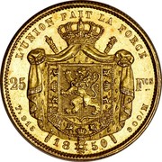 Belgium 25 Francs 1850 KM# 13.2 Decimal Coinage L'UNION FAIT LA FORCE 25 FCS 7,915 1848 900 /M coin reverse Belgium 25 Francs 1850 KM# 13.2 Decimal Coinage L'UNION FAIT LA FORCE 25 FCS 7,915 1848 900 /M coin reverse