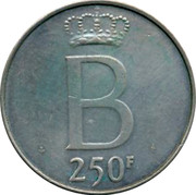 Belgium 250 Francs (25 years Reign of King Baudouin) KM# 158.1 B 250F coin reverse Belgium 250 Francs (25 years Reign of King Baudouin) KM# 158.1 B 250F coin reverse