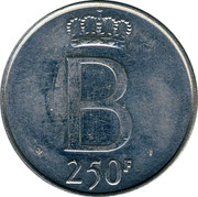 Belgium 250 Francs (25 years Reign of King Baudouin) KM# 157.1 B 250F coin reverse Belgium 250 Francs (25 years Reign of King Baudouin) KM# 157.1 B 250F coin reverse