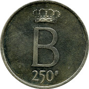 Belgium 250 Francs 25 years Reign of King Baudouin ND Prooflike KM# 158.2 B 250F coin reverse Belgium 250 Francs 25 years Reign of King Baudouin ND Prooflike KM# 158.2 B 250F coin reverse