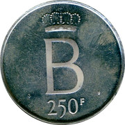Belgium 250 Francs 25 years Reign of King Baudouin ND Prooflike KM# 157.2 B 250F coin reverse Belgium 250 Francs 25 years Reign of King Baudouin ND Prooflike KM# 157.2 B 250F coin reverse
