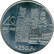 Belgium 250 Francs 40th Wedding Anniversary of King Albert II and Queen Paola 1999 KM# 209 40 1959 1999 250 F Q P coin reverse Belgium 250 Francs 40th Wedding Anniversary of King Albert II and Queen Paola 1999 KM# 209 40 1959 1999 250 F Q P coin reverse
