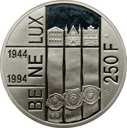 Belgium 250 Francs 50 Years of Be Ne Lux Treaty ND Proof KM# 195 BE NE LUX 1944 1994 250 F Q P coin reverse Belgium 250 Francs 50 Years of Be Ne Lux Treaty ND Proof KM# 195 BE NE LUX 1944 1994 250 F Q P coin reverse