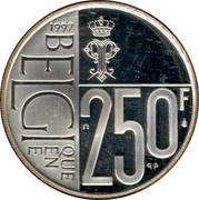 Belgium 250 Francs 60th Birthday of Queen Paola 1997 Proof KM# 207 1997 BELGI QUE EN E 250F Q P coin reverse Belgium 250 Francs 60th Birthday of Queen Paola 1997 Proof KM# 207 1997 BELGI QUE EN E 250F Q P coin reverse