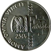 Belgium 250 Francs (70th Birthday of Queen Fabiola) KM# 208 AMOR OMNIA VINCIT 1928 FABIOLA 250F Q P 1998 coin reverse Belgium 250 Francs (70th Birthday of Queen Fabiola) KM# 208 AMOR OMNIA VINCIT 1928 FABIOLA 250F Q P 1998 coin reverse