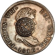UK 4 Shillings 6 Pence Scotland Countermark ND (1811) Host Date 1820 KM# CC100 DEI GRATIA 1816 FERDIN VII 4/6 1820 ROTHSAY COTTON WORK coin obverse UK 4 Shillings 6 Pence Scotland Countermark ND (1811) Host Date 1820 KM# CC100 DEI GRATIA 1816 FERDIN VII 4/6 1820 ROTHSAY COTTON WORK coin obverse