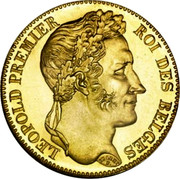 Belgium 40 Francs 1835 KM# B23.1 Decimal Coinage BRAEMT F. LEOPOLD PREMIER ROI DES BELGES coin obverse Belgium 40 Francs 1835 KM# B23.1 Decimal Coinage BRAEMT F. LEOPOLD PREMIER ROI DES BELGES coin obverse