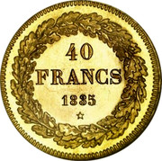 Belgium 40 Francs 1835 KM# B23.1 Decimal Coinage 40 FRANCS 1835 coin reverse Belgium 40 Francs 1835 KM# B23.1 Decimal Coinage 40 FRANCS 1835 coin reverse