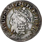 UK 40 Pence 1637 KM# 76 Scotland CAR D G SCOT ANG FR & HIB R coin obverse UK 40 Pence 1637 KM# 76 Scotland CAR D G SCOT ANG FR & HIB R coin obverse