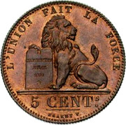 Belgium 5 Centimes Leopold I 1847 KM# 5.1 L'UNION FAIT LA FORCE CONSTITUTION BELGE 1831 5 CENTS BRAEMT F. coin reverse Belgium 5 Centimes Leopold I 1847 KM# 5.1 L'UNION FAIT LA FORCE CONSTITUTION BELGE 1831 5 CENTS BRAEMT F. coin reverse