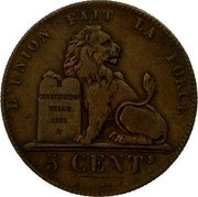 Belgium 5 Centimes 1859 KM# 5.3 Decimal Coinage L'UNION FAIT LA FORCE CONSTITUTION BELGE 1831 5 CENTS BRAEMT F. coin reverse Belgium 5 Centimes 1859 KM# 5.3 Decimal Coinage L'UNION FAIT LA FORCE CONSTITUTION BELGE 1831 5 CENTS BRAEMT F. coin reverse