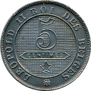 Belgium 5 Centimes 1894 KM# 40 Decimal Coinage LEOPOLD II ROI DES BELGES 5 CENTIMES coin reverse Belgium 5 Centimes 1894 KM# 40 Decimal Coinage LEOPOLD II ROI DES BELGES 5 CENTIMES coin reverse