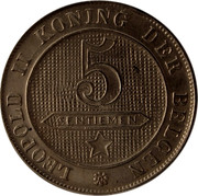 Belgium 5 Centimes 1900 KM# 41 Decimal Coinage LEOPOLD II KONING DER BELGEN 5 CENTIEMEN coin reverse Belgium 5 Centimes 1900 KM# 41 Decimal Coinage LEOPOLD II KONING DER BELGEN 5 CENTIEMEN coin reverse