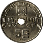 Belgium 5 Centimes 1940 KM# 111 Decimal Coinage BELGIE BELGIQUE 5C O.J. coin obverse Belgium 5 Centimes 1940 KM# 111 Decimal Coinage BELGIE BELGIQUE 5C O.J. coin obverse