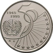 Belgium 5 ECU 50th Anniversary of United Nations 1995 (qp) Proof KM# 200 1945 1995 50 coin reverse Belgium 5 ECU 50th Anniversary of United Nations 1995 (qp) Proof KM# 200 1945 1995 50 coin reverse