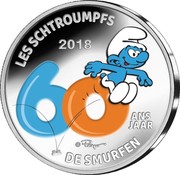 Belgium 5 Euro 60th Anniversary of the Smurfs. Coloured 2018 LES SCHTROUMPFS DE SMURFEN 60 ANS JAAR coin obverse Belgium 5 Euro 60th Anniversary of the Smurfs. Coloured 2018 LES SCHTROUMPFS DE SMURFEN 60 ANS JAAR coin obverse