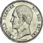 Belgium 5 Francs Leopold I 1849 KM# 17 LEOPOLD PREMIER ROI DES BELGES L. WIENER coin obverse Belgium 5 Francs Leopold I 1849 KM# 17 LEOPOLD PREMIER ROI DES BELGES L. WIENER coin obverse