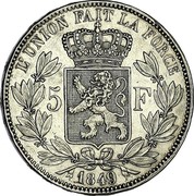 Belgium 5 Francs Leopold I 1849 KM# 17 L' UNION FAIT LA FORCE 5 F 1849 coin reverse Belgium 5 Francs Leopold I 1849 KM# 17 L' UNION FAIT LA FORCE 5 F 1849 coin reverse