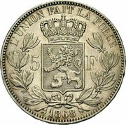 Belgium 5 Francs Large Head 1868 KM# 25 L'UNION FAIT LA FORCE 5 F 1868 coin reverse Belgium 5 Francs Large Head 1868 KM# 25 L'UNION FAIT LA FORCE 5 F 1868 coin reverse