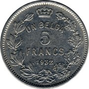 Belgium 5 Francs 1930 KM# 97.2 Decimal Coinage UN BELGA 5 FRANCS 1930 A. E. GR. coin reverse Belgium 5 Francs 1930 KM# 97.2 Decimal Coinage UN BELGA 5 FRANCS 1930 A. E. GR. coin reverse