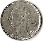 Belgium 5 Francs 1936 KM# 109.2 Decimal Coinage 1936 RAU LEOPOLD III coin obverse Belgium 5 Francs 1936 KM# 109.2 Decimal Coinage 1936 RAU LEOPOLD III coin obverse