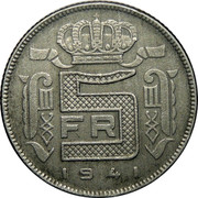 Belgium 5 Francs 1941 KM# 130 Decimal Coinage 5 FR 1941 coin reverse Belgium 5 Francs 1941 KM# 130 Decimal Coinage 5 FR 1941 coin reverse