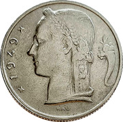 Belgium 5 Francs 1949 KM# 134.1 Decimal Coinage 1949 RAU coin obverse Belgium 5 Francs 1949 KM# 134.1 Decimal Coinage 1949 RAU coin obverse