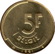 Belgium 5 Francs 1991 Sets only KM# 164 Decimal Coinage 5F BELGIË 1987 coin reverse Belgium 5 Francs 1991 Sets only KM# 164 Decimal Coinage 5F BELGIË 1987 coin reverse
