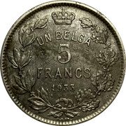 Belgium 5 Francs Albert I Bust 1933 KM# 97.1 UN BELGA 5 FRANCS 1931 A. E. GR. coin reverse Belgium 5 Francs Albert I Bust 1933 KM# 97.1 UN BELGA 5 FRANCS 1931 A. E. GR. coin reverse
