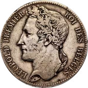 Belgium 5 Francs (Leopold I) KM# 3.1 LEOPOLD PREMIER ROI DES BELGES BRAEMT F coin obverse Belgium 5 Francs (Leopold I) KM# 3.1 LEOPOLD PREMIER ROI DES BELGES BRAEMT F coin obverse