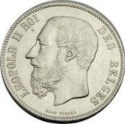 Belgium 5 Francs (Leopold II) KM# 24 LEOPOLD II ROI DES BELGES LEOP WIENER coin obverse Belgium 5 Francs (Leopold II) KM# 24 LEOPOLD II ROI DES BELGES LEOP WIENER coin obverse