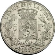 Belgium 5 Francs (Leopold II) KM# 24 L'UNION FAIT LA FORCE 5 F 1873 coin reverse Belgium 5 Francs (Leopold II) KM# 24 L'UNION FAIT LA FORCE 5 F 1873 coin reverse