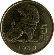 Belgium 5 Francs KM# 117.2 Decimal Coinage 5 FR E. WIJNANTS 1938 coin reverse Belgium 5 Francs KM# 117.2 Decimal Coinage 5 FR E. WIJNANTS 1938 coin reverse