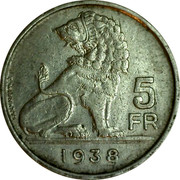 Belgium 5 Francs KM# 117.1 Decimal Coinage 5 FR E. WIJNANTS 1938 coin reverse Belgium 5 Francs KM# 117.1 Decimal Coinage 5 FR E. WIJNANTS 1938 coin reverse