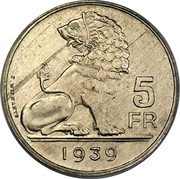 Belgium 5 Francs KM# 116.2 Decimal Coinage 5 FR E. WIJNANTS 1938 coin reverse Belgium 5 Francs KM# 116.2 Decimal Coinage 5 FR E. WIJNANTS 1938 coin reverse