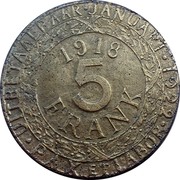 Belgium 5 Francs Ghent - WW1 German Occupation 1918 KM# Tn7 1918 5 FRANK UITBETAALBAAR JANUARI 1922 PAX ET LABOR coin reverse Belgium 5 Francs Ghent - WW1 German Occupation 1918 KM# Tn7 1918 5 FRANK UITBETAALBAAR JANUARI 1922 PAX ET LABOR coin reverse