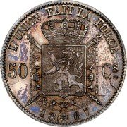 Belgium 50 Centimes 1867 KM# 26 Decimal Coinage L'UNION FAIT LA FORCE 50 CS 18 66 coin reverse Belgium 50 Centimes 1867 KM# 26 Decimal Coinage L'UNION FAIT LA FORCE 50 CS 18 66 coin reverse