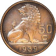 Belgium 50 Centimes 1939 KM# 118 Decimal Coinage 50 C E.W. 1939 coin obverse Belgium 50 Centimes 1939 KM# 118 Decimal Coinage 50 C E.W. 1939 coin obverse