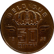 Belgium 50 Centimes 1953 KM# 148.2 Decimal Coinage BELGIQUE 19 50 CENTIMES 53 coin reverse Belgium 50 Centimes 1953 KM# 148.2 Decimal Coinage BELGIQUE 19 50 CENTIMES 53 coin reverse