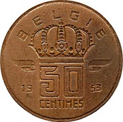 Belgium 50 Centimes 1953 KM# 145 Decimal Coinage BELGIË 19 50 CENTIMES 53 coin reverse Belgium 50 Centimes 1953 KM# 145 Decimal Coinage BELGIË 19 50 CENTIMES 53 coin reverse